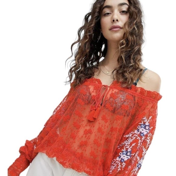 Free People Jubilee Red Embroidered Floral Mesh Oversized Top Womens Size XS - Picture 7 of 16